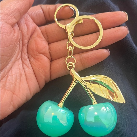 Green iridescent Cherry Keychain with Gold Accents - Picture 2 of 2